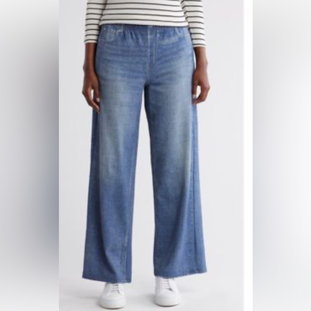 Ecru Denim-Print Wide-Leg Sweatpants